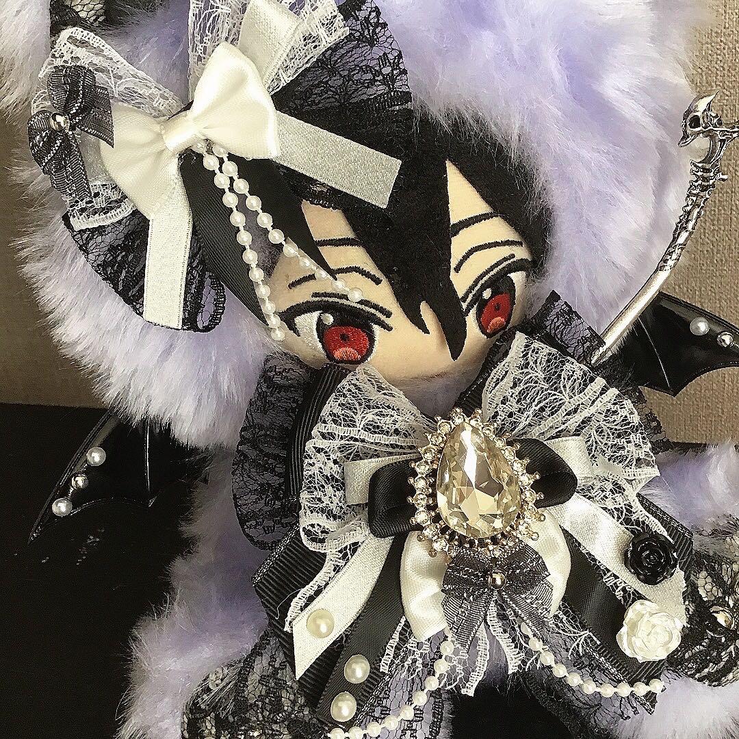 【110】おすわり　ねこ　悪魔　ぬい服　16cm 着ぐるみ　薄紫　ファー