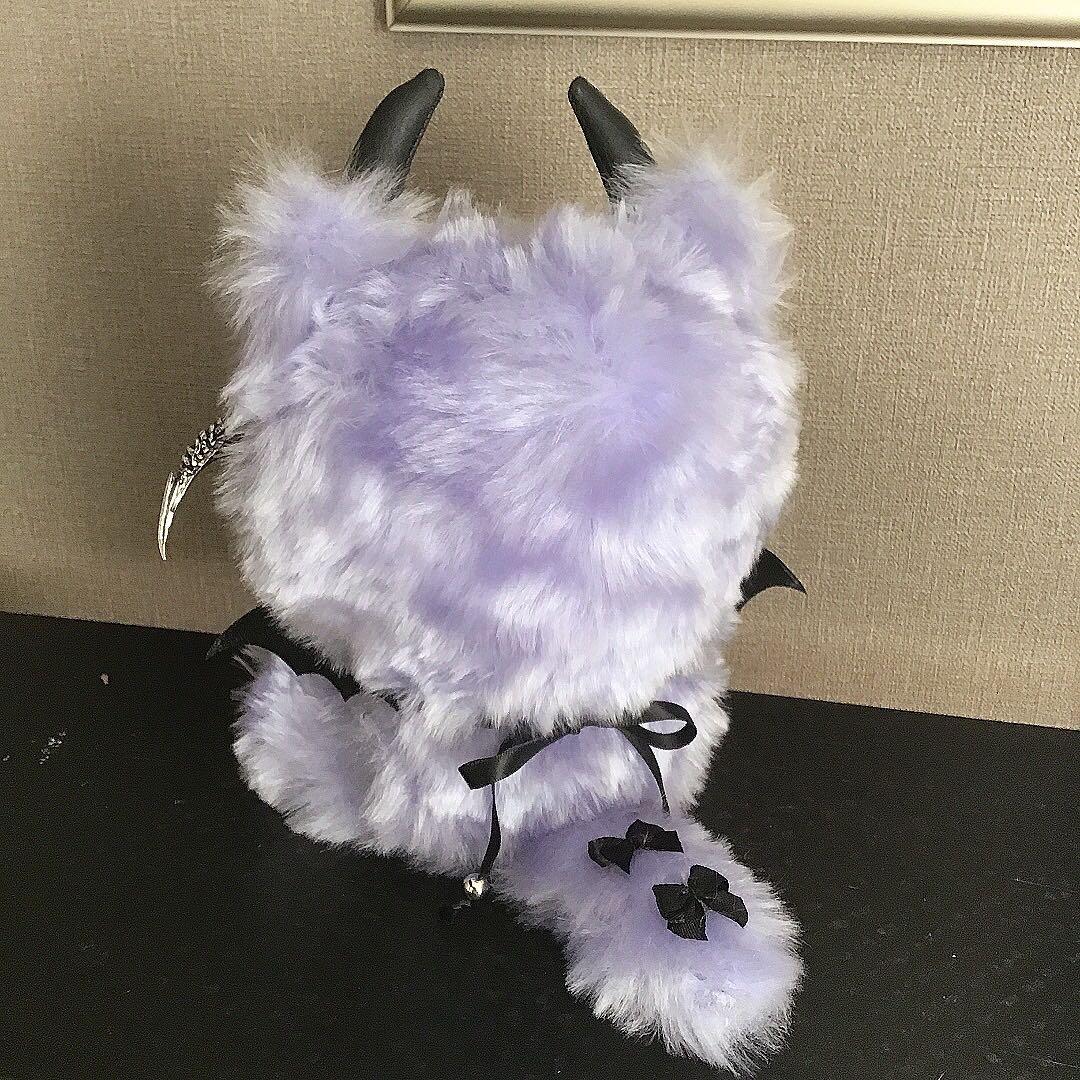 【110】おすわり　ねこ　悪魔　ぬい服　16cm 着ぐるみ　薄紫　ファー