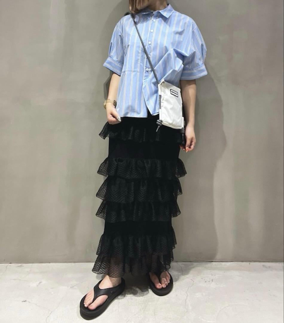 美品 アダムエロペ シアーフリルスカート 黒 春夏