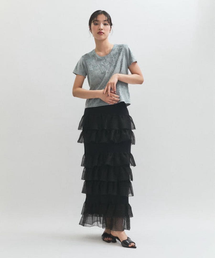 美品 アダムエロペ シアーフリルスカート 黒 春夏