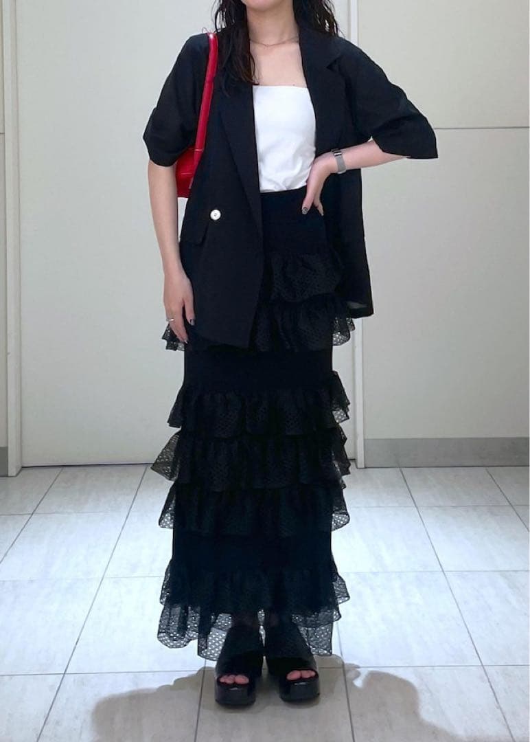 美品 アダムエロペ シアーフリルスカート 黒 春夏