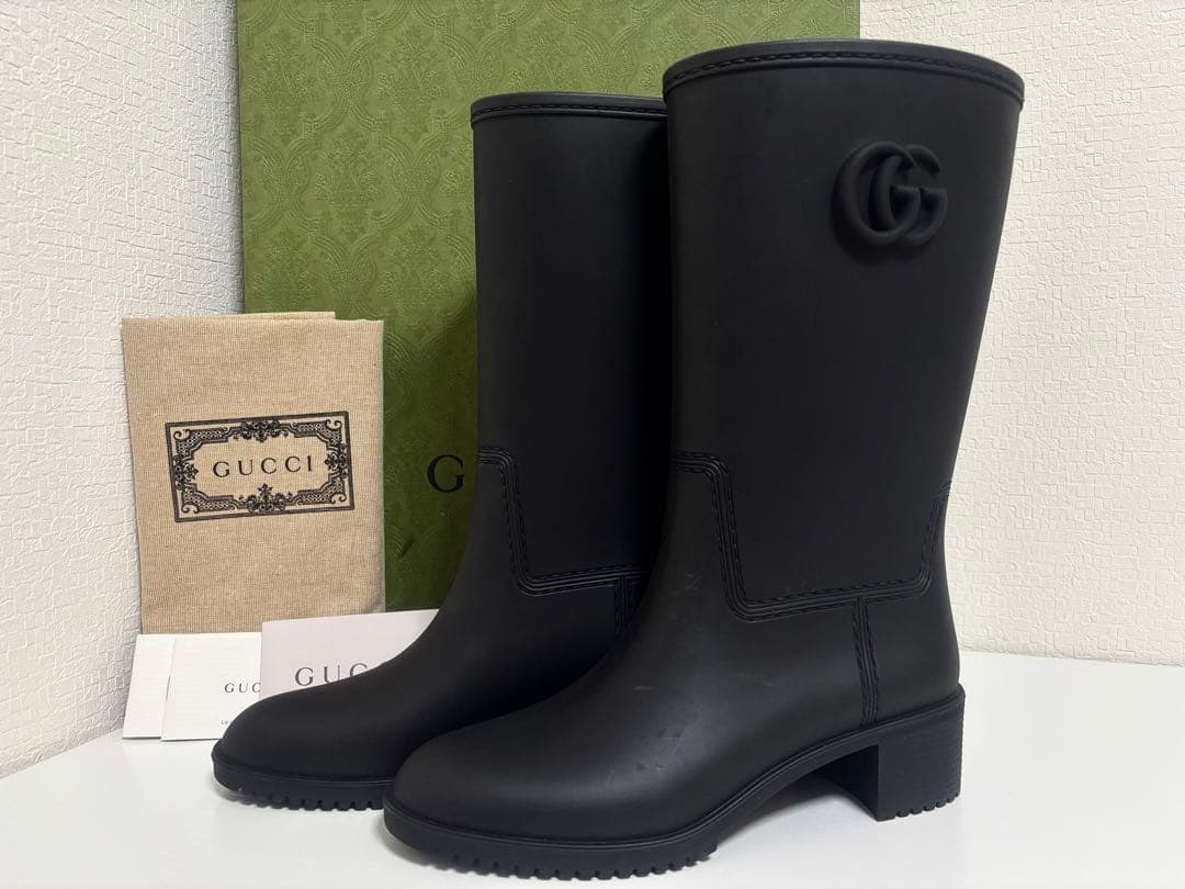 未使用 GUCCI ブラック GGマーモント ラバーレインブーツ