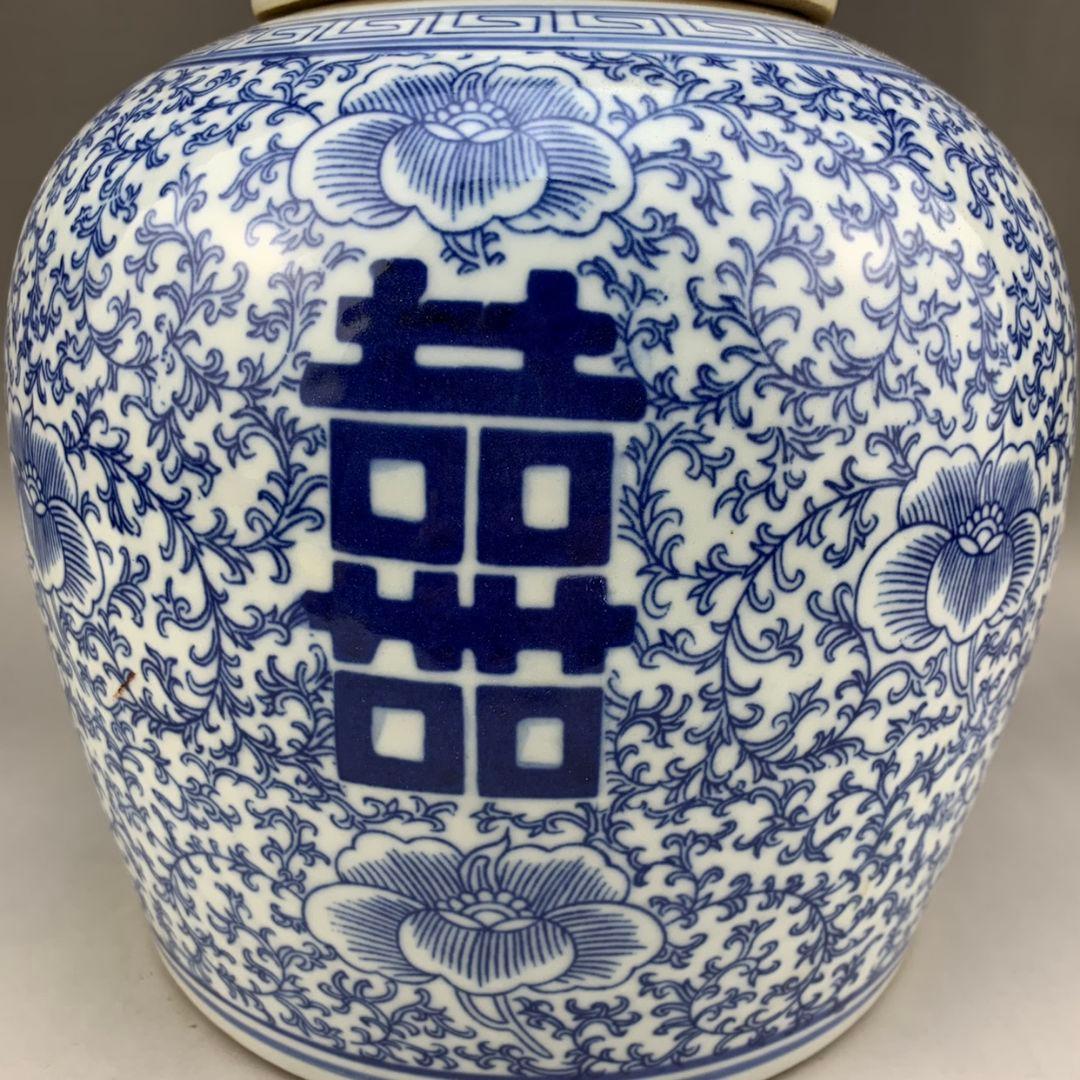 民国青花喜字缶   陶磁器 装飾品 現代工芸品美術品 置物