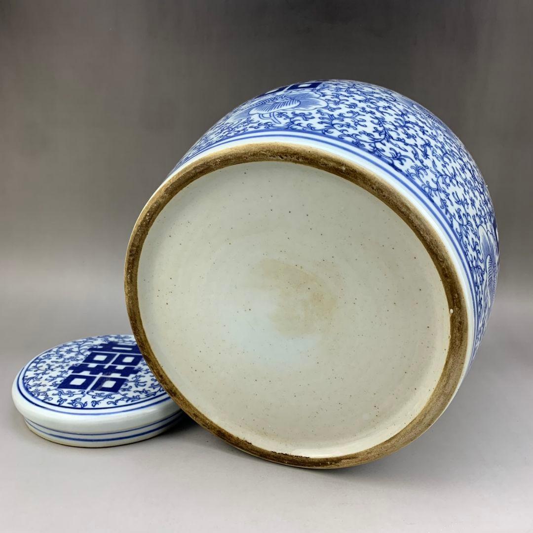 民国青花喜字缶   陶磁器 装飾品 現代工芸品美術品 置物