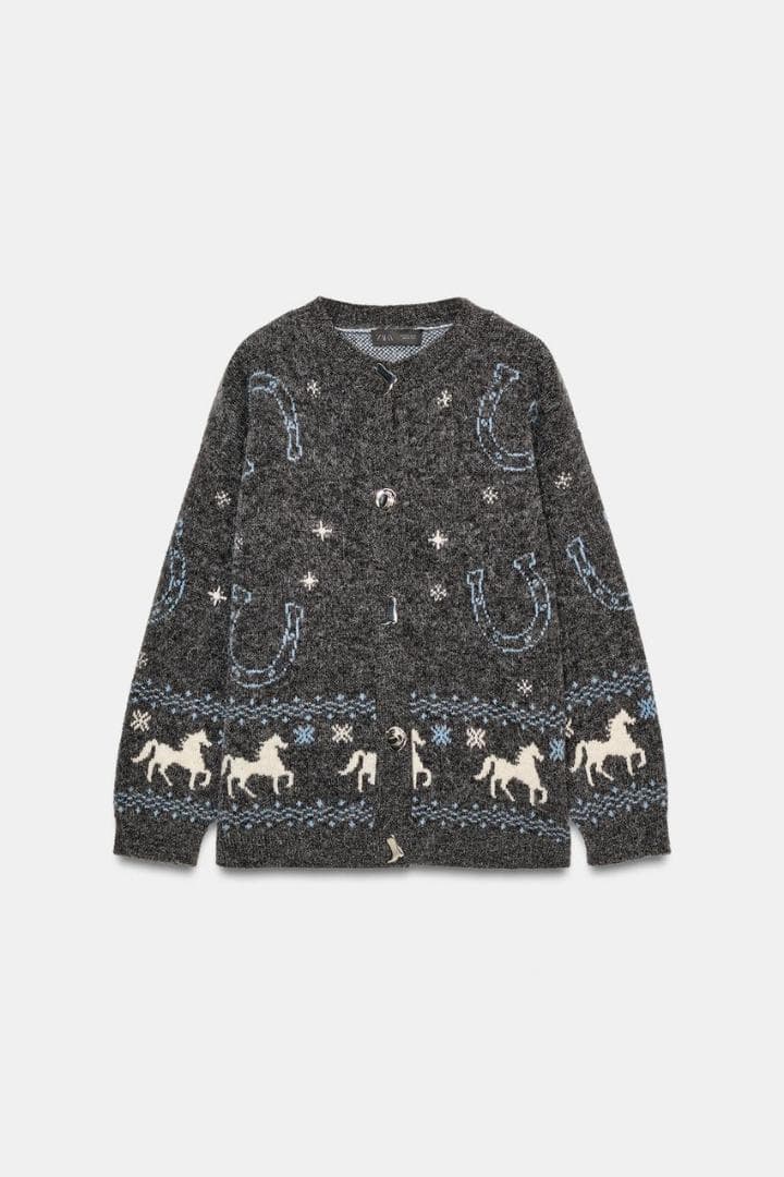 新品 ZARA ジャカードニットボタンカーディガン L