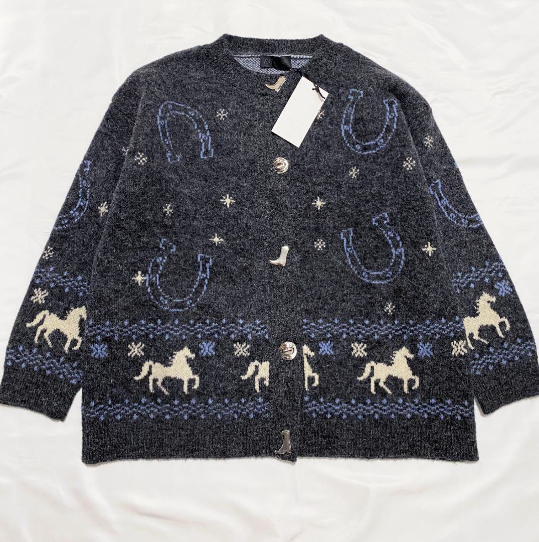 新品 ZARA ジャカードニットボタンカーディガン L