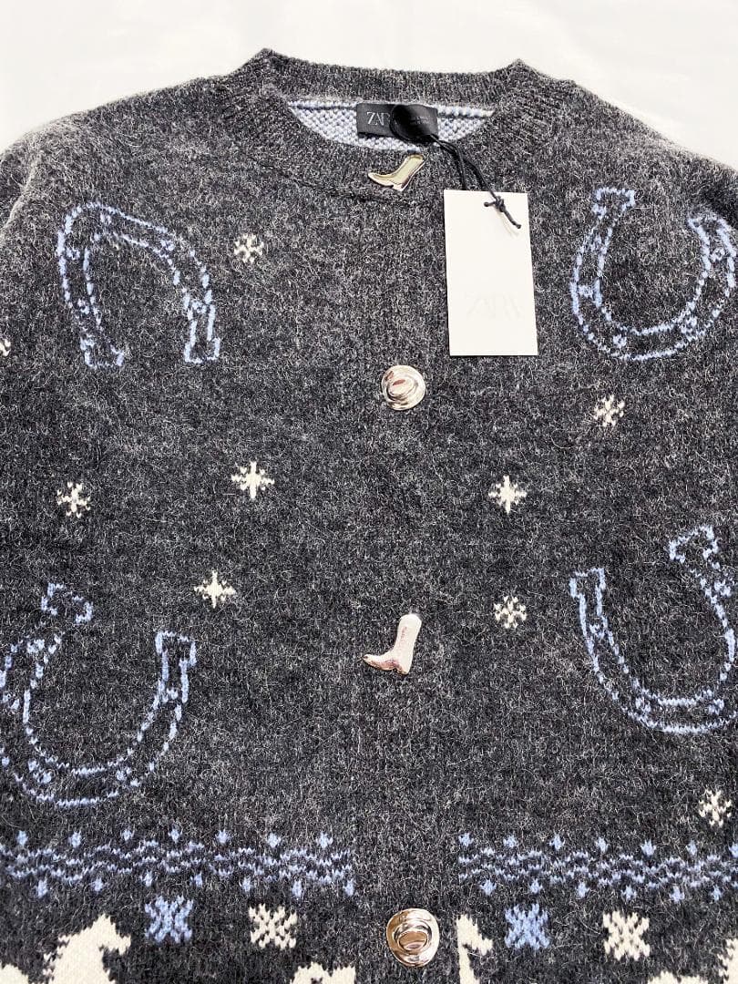 新品 ZARA ジャカードニットボタンカーディガン L