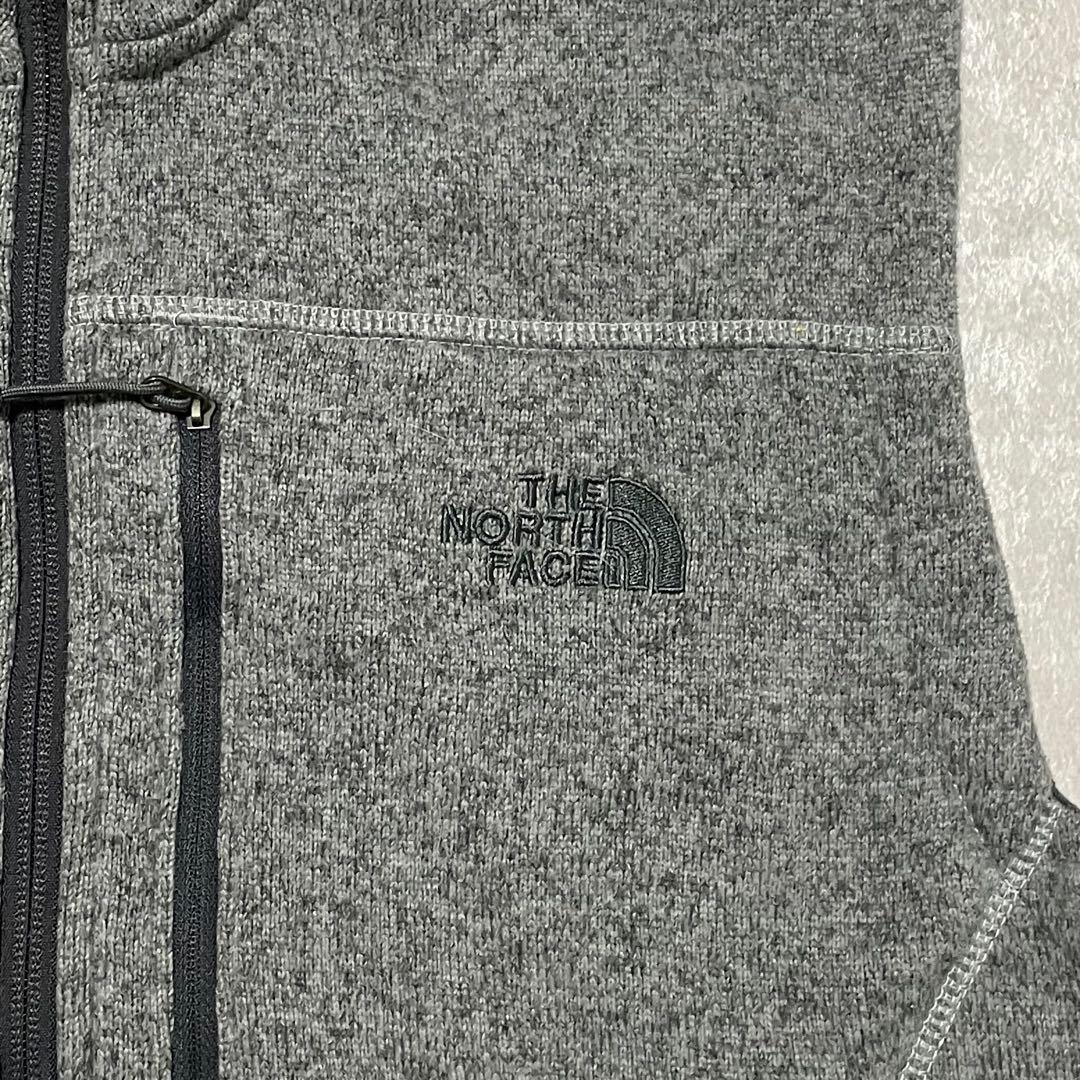 ノースフェイスニットフリースベスト 裏ボア刺繍ロゴ 杏グレーXL古着