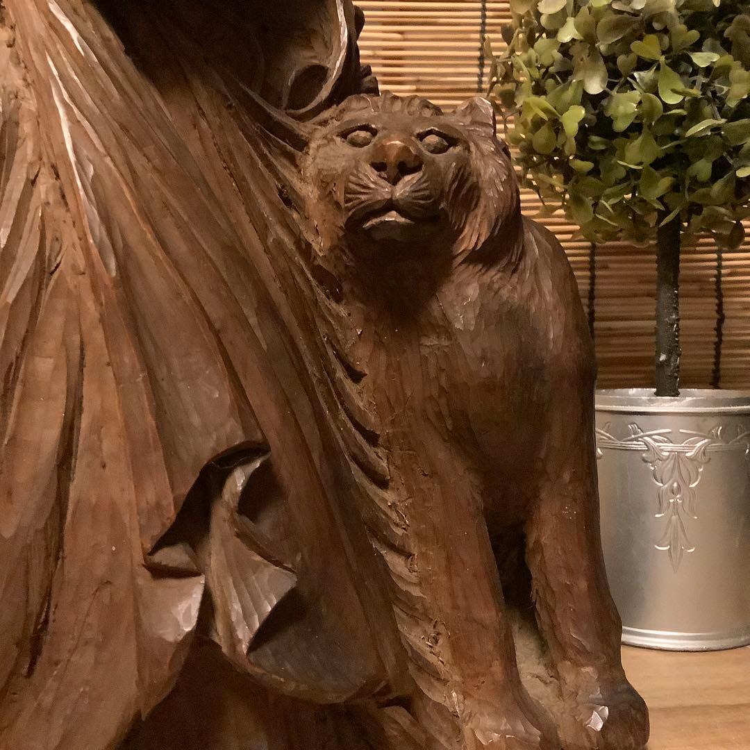 大正期・最高位聖者「聖獣獅子と阿羅漢」高僧・聖獣・煩悩断滅・最高境地・悟り・木彫