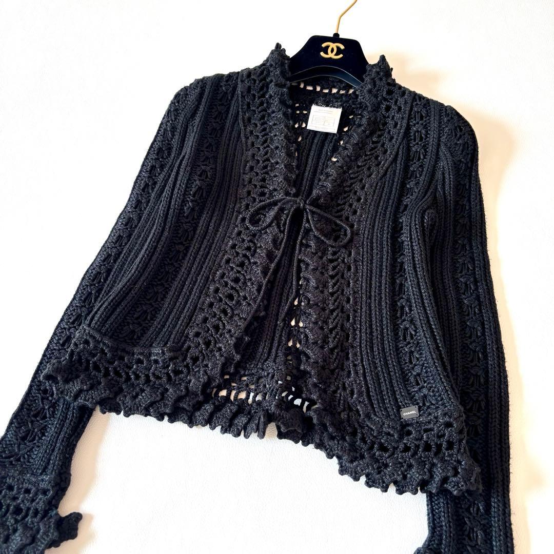 CHANEL レースクロシェニットカーディガン　透かし編み　ロゴプレート