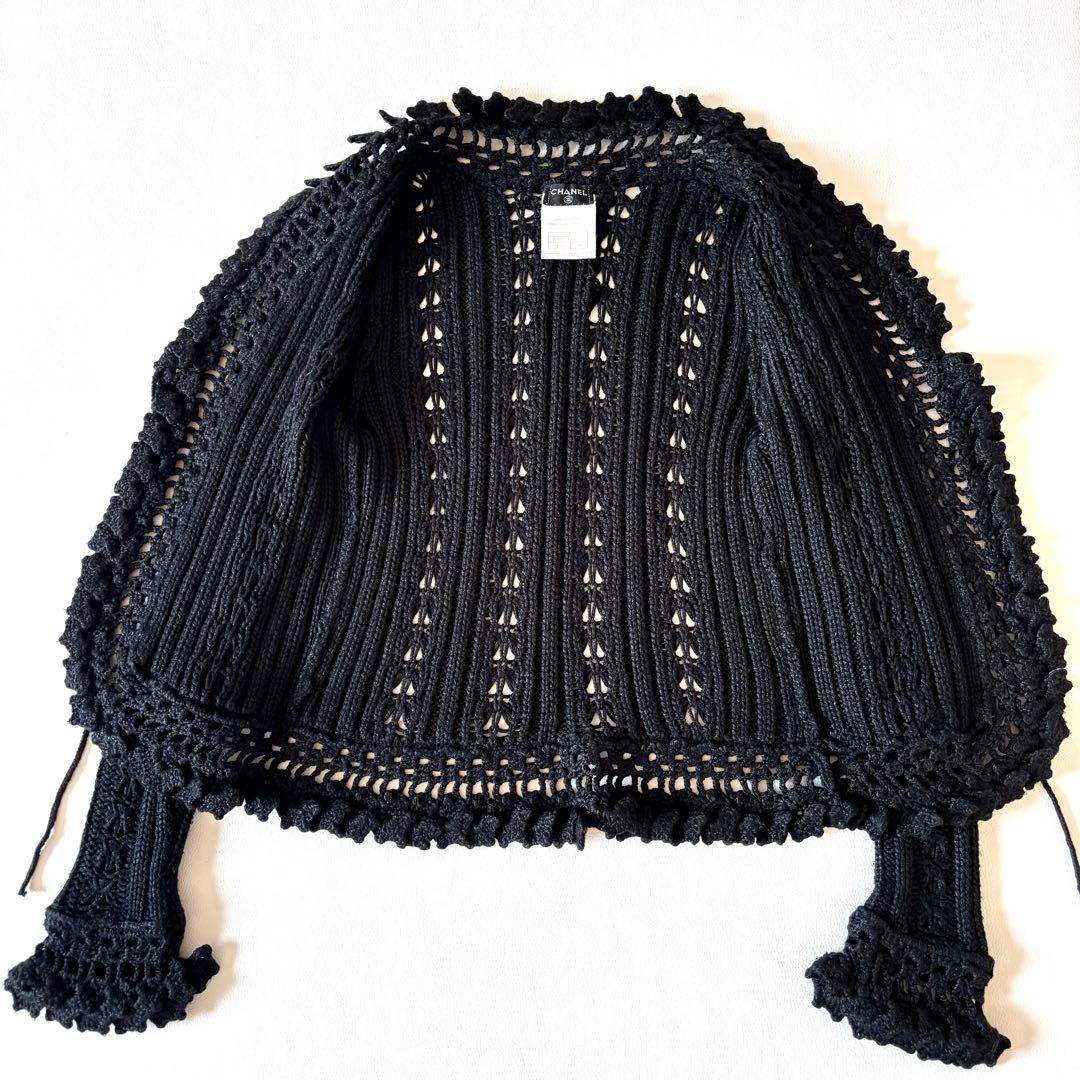 CHANEL レースクロシェニットカーディガン　透かし編み　ロゴプレート
