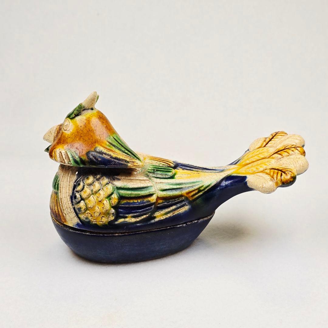 超レア 舶来品 中国古磁 唐三彩 堆彫 鳳鳥形 香合 茶道具 置物 文房具