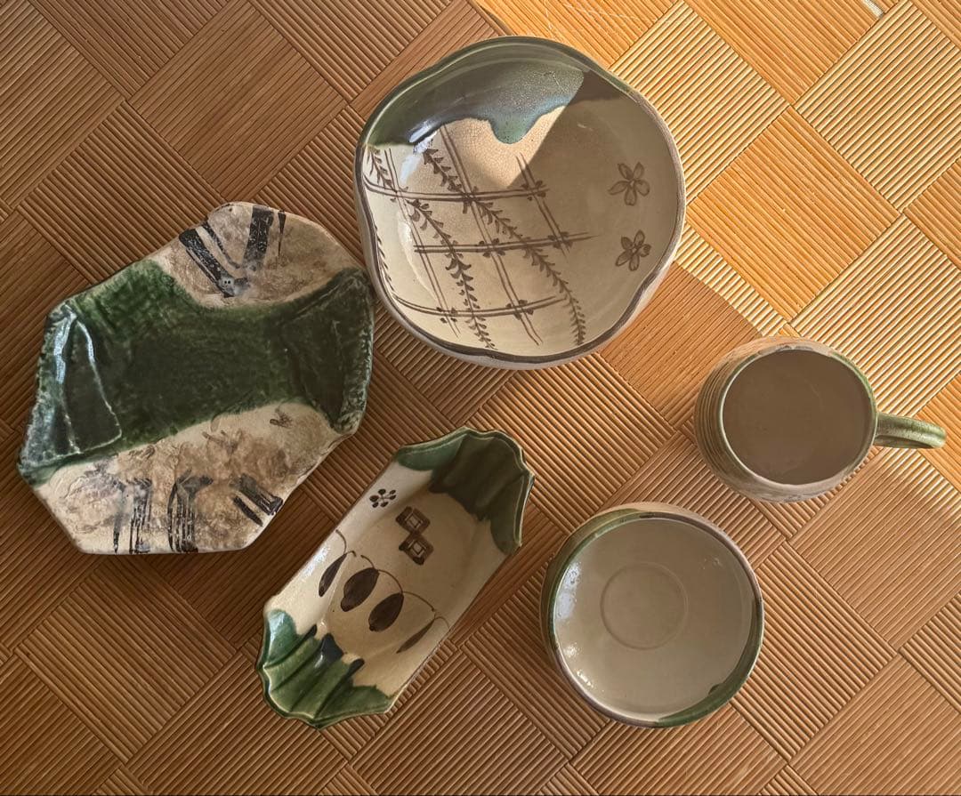 SNT1397 織部焼 マグカップ 脚付 銘々皿 大皿 鉢 抹茶碗 五客