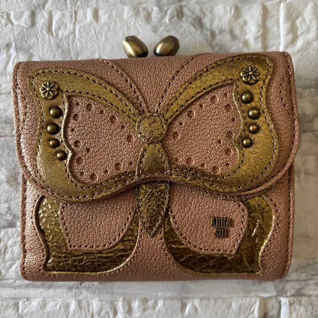 【極美品】アナスイ バタフライ 折り財布 がま口 本革 レザー ピンク ゴールド