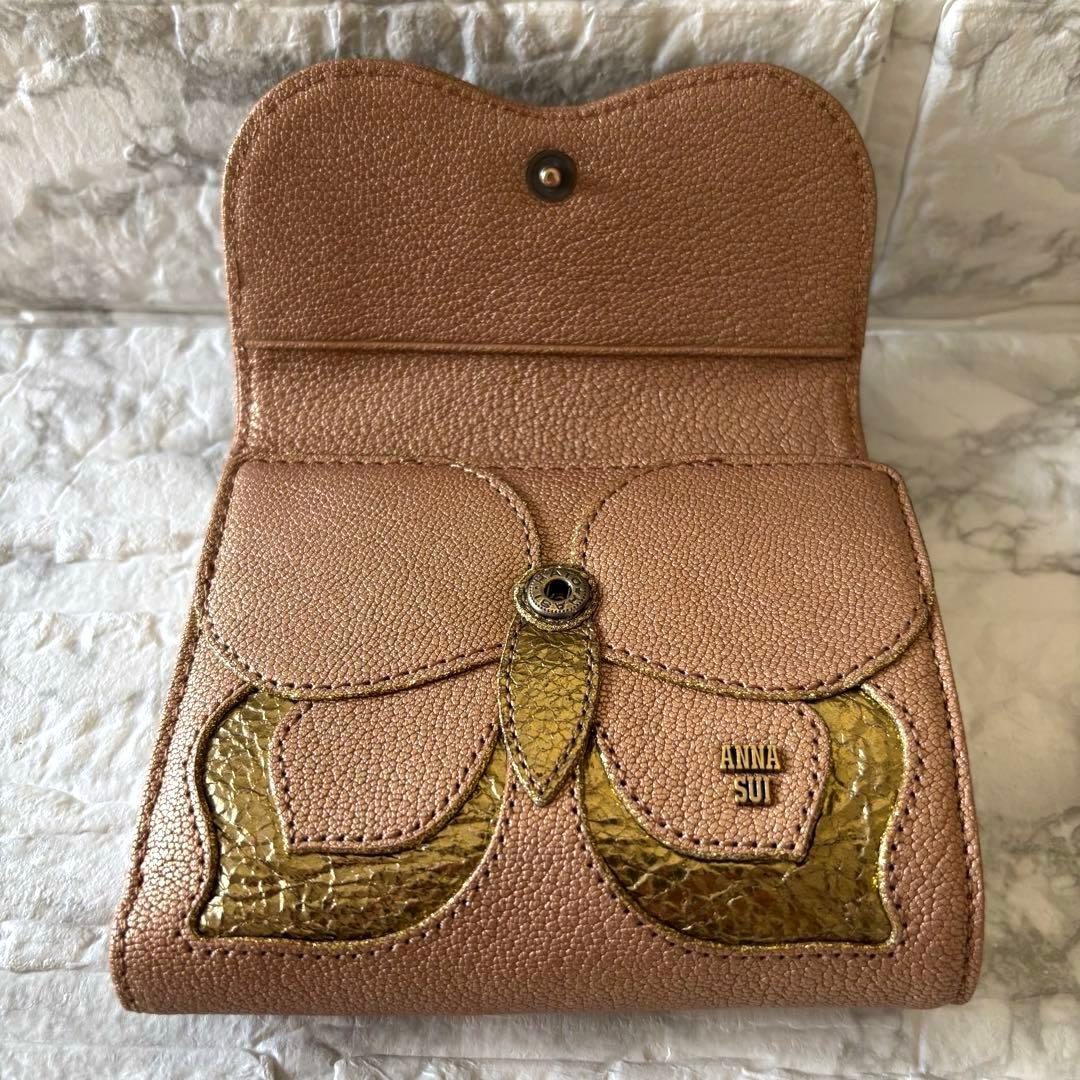 【極美品】アナスイ バタフライ 折り財布 がま口 本革 レザー ピンク ゴールド