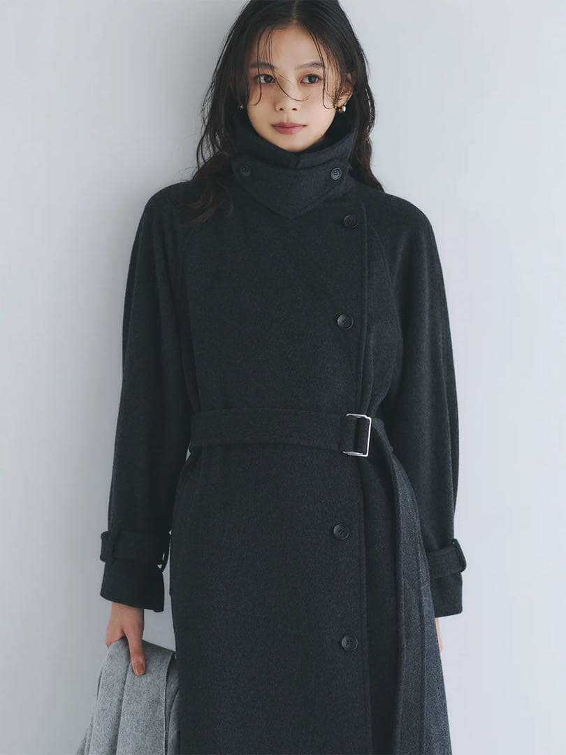 anuans ウールロングトレンチコート ブラック