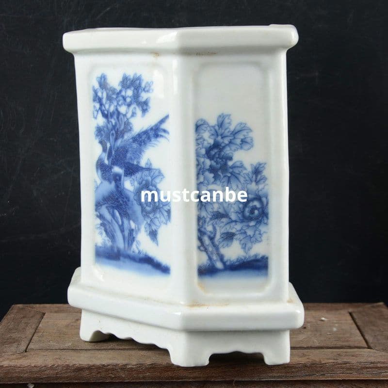 景徳鎮 陶磁器 青花六方型筆箱 書道具 文房具 現代工芸品 美術品 置物