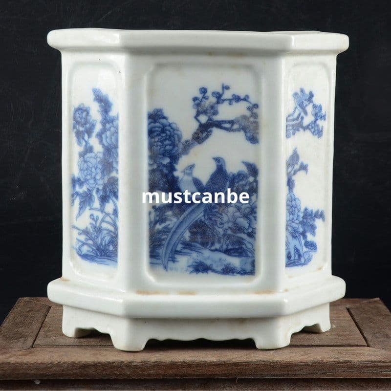 景徳鎮 陶磁器 青花六方型筆箱 書道具 文房具 現代工芸品 美術品 置物
