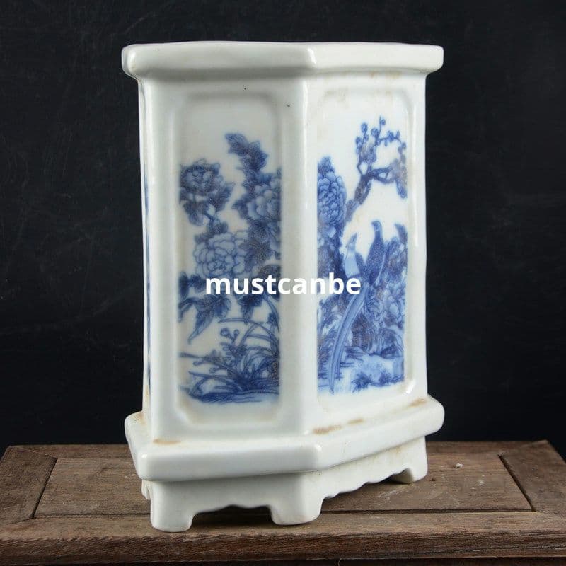 景徳鎮 陶磁器 青花六方型筆箱 書道具 文房具 現代工芸品 美術品 置物