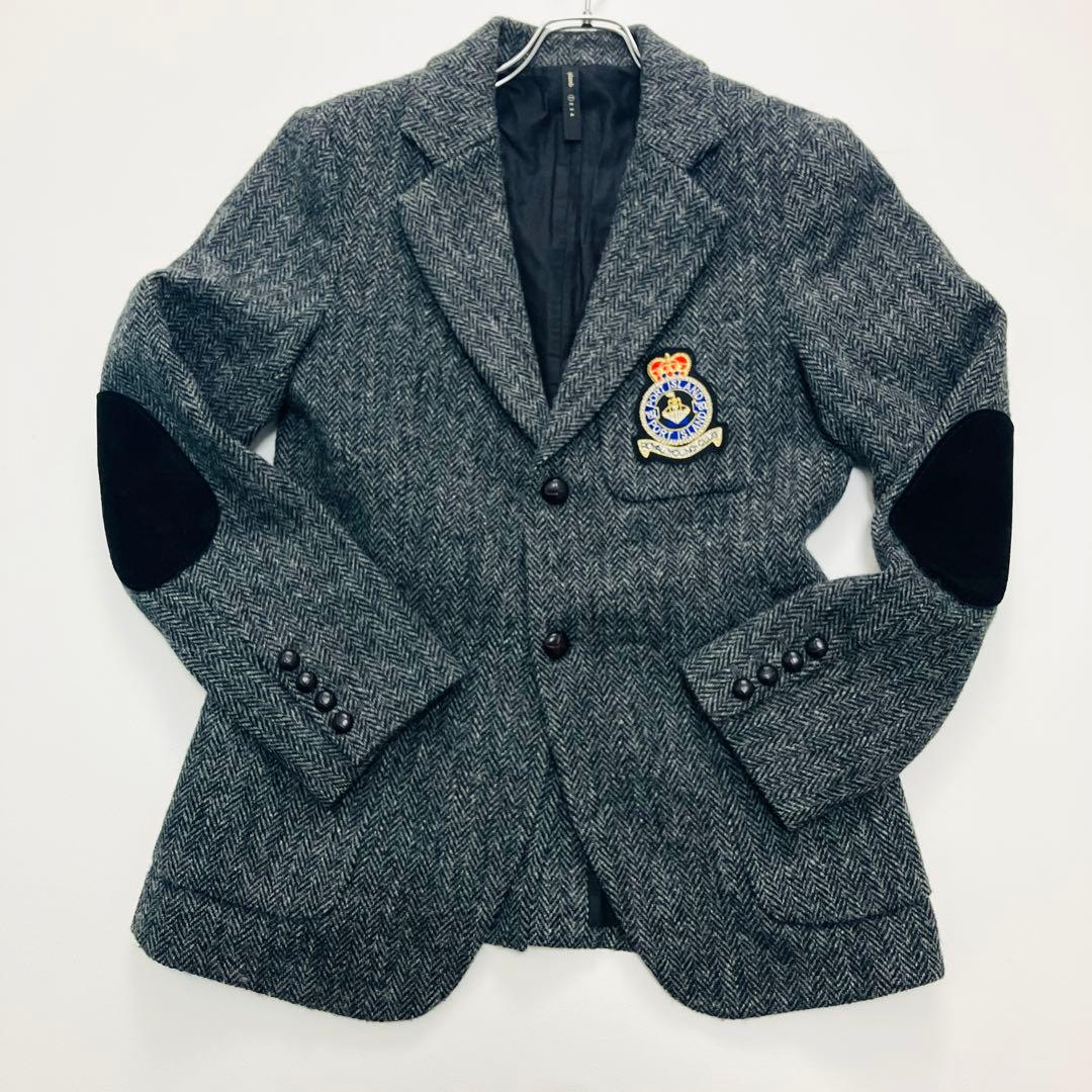 美品　ハリスツイード　テーラードジャケット　ヘリンボーン　ワッペン　くるみボタン