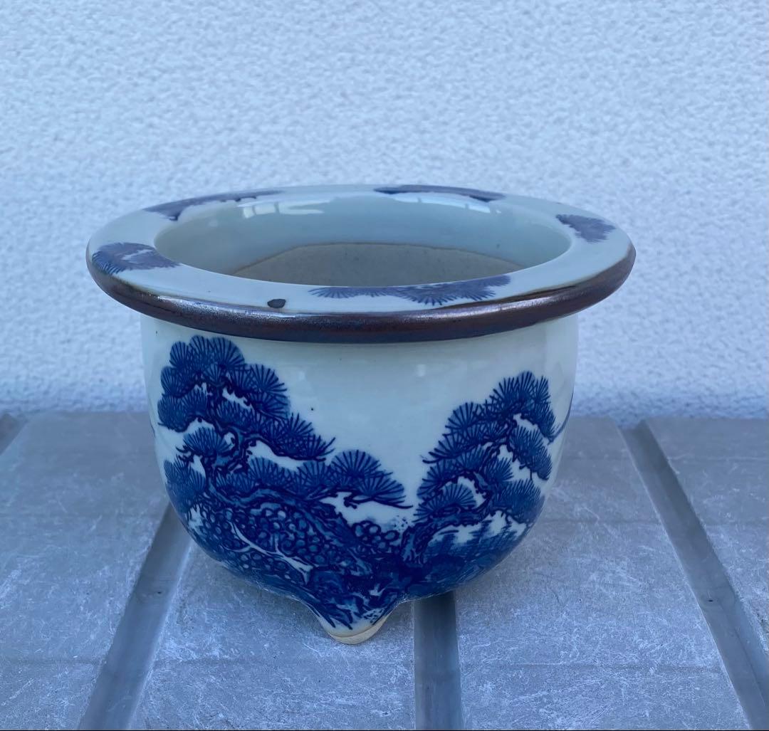 新品 瀬戸焼 染付け 丸形 植木鉢 盆栽鉢