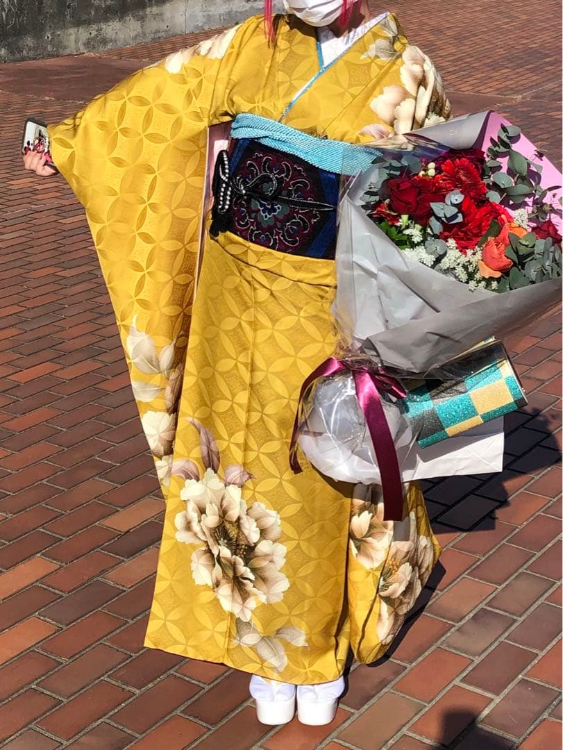 牡丹 花柄 振袖 成人式 セット16点 ゴールド 刺繍 正絹
