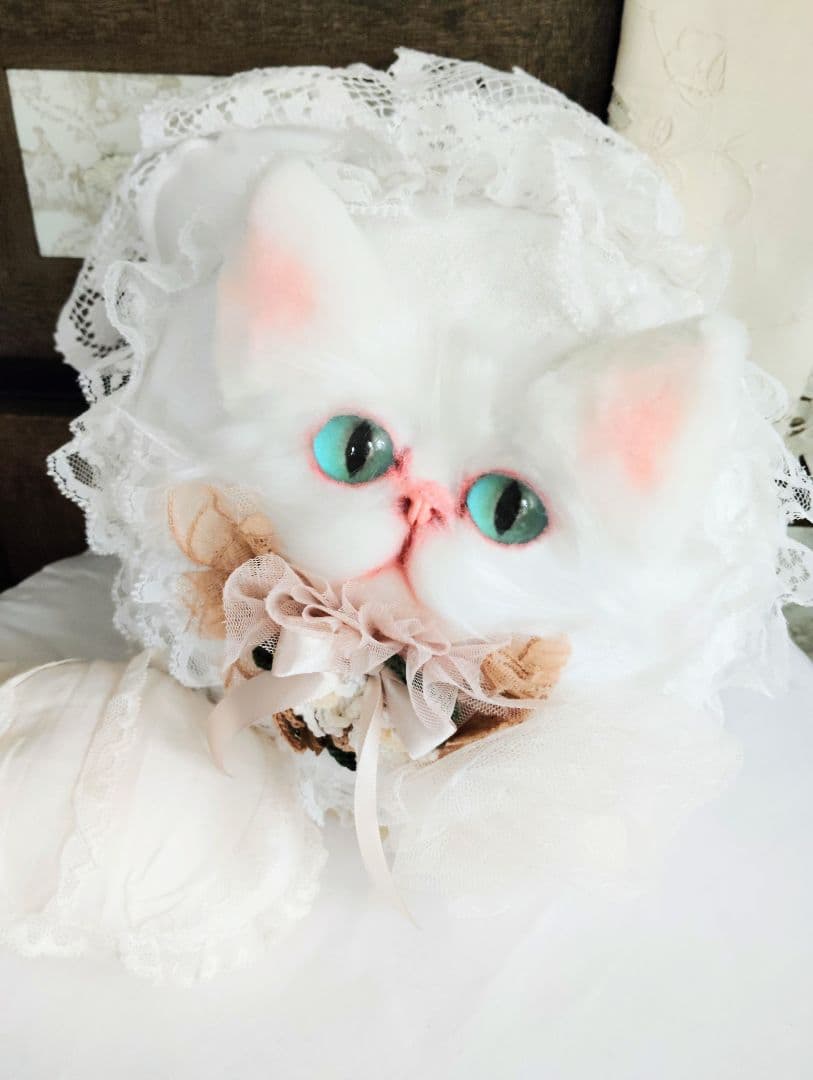 ハンドメイド♡猫ちゃんお顔クッション♡フリル♡レース♡