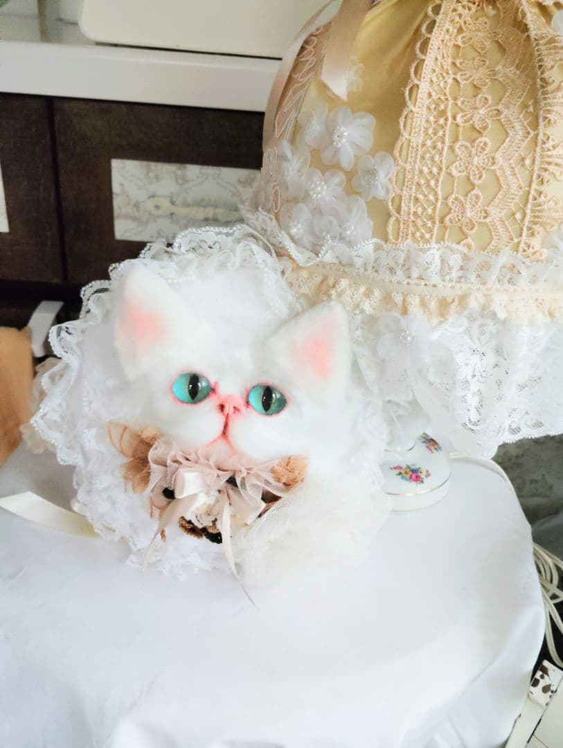 ハンドメイド♡猫ちゃんお顔クッション♡フリル♡レース♡