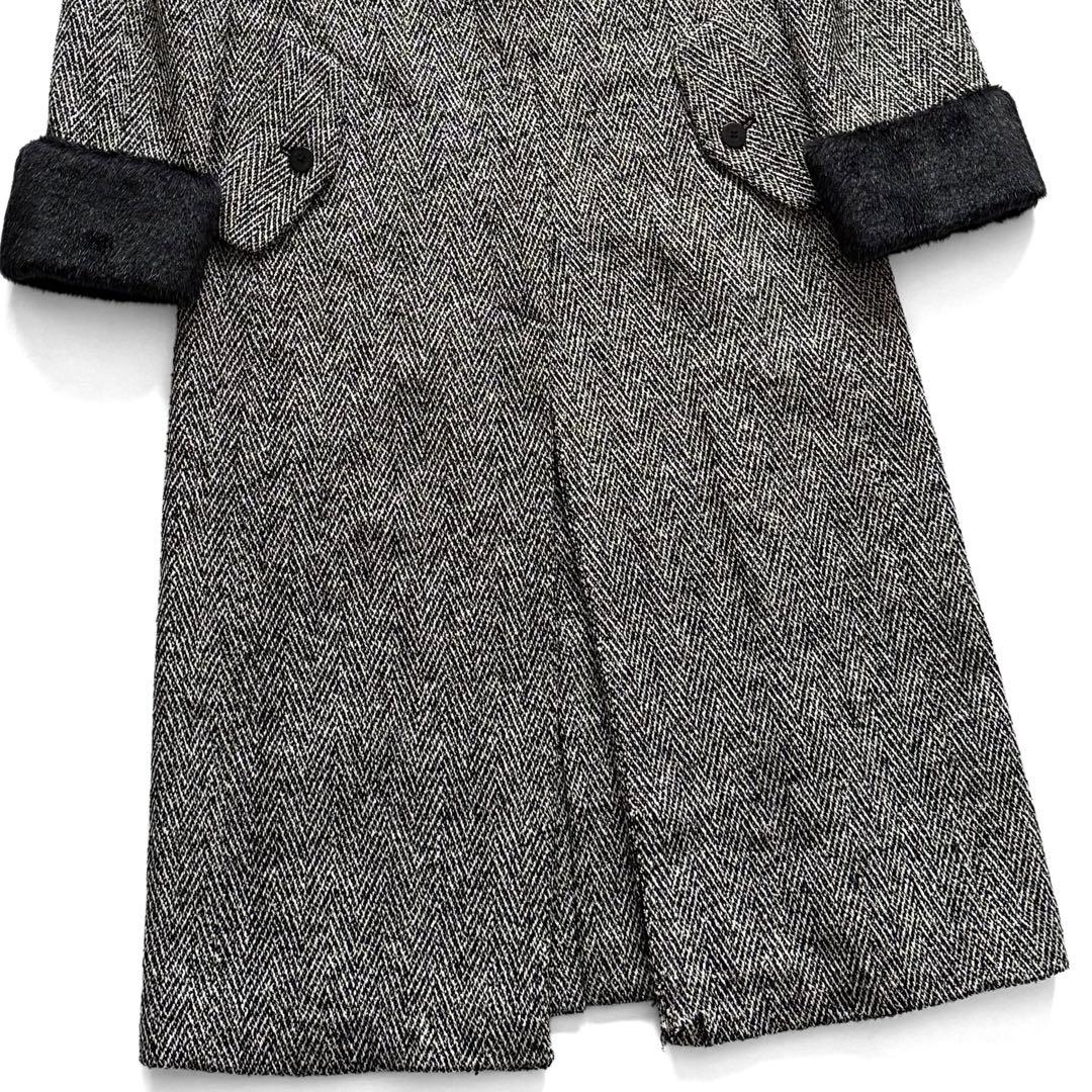 KARL LAGERFELD ロングコート マキシ丈 ヘリンボーン ファー付き