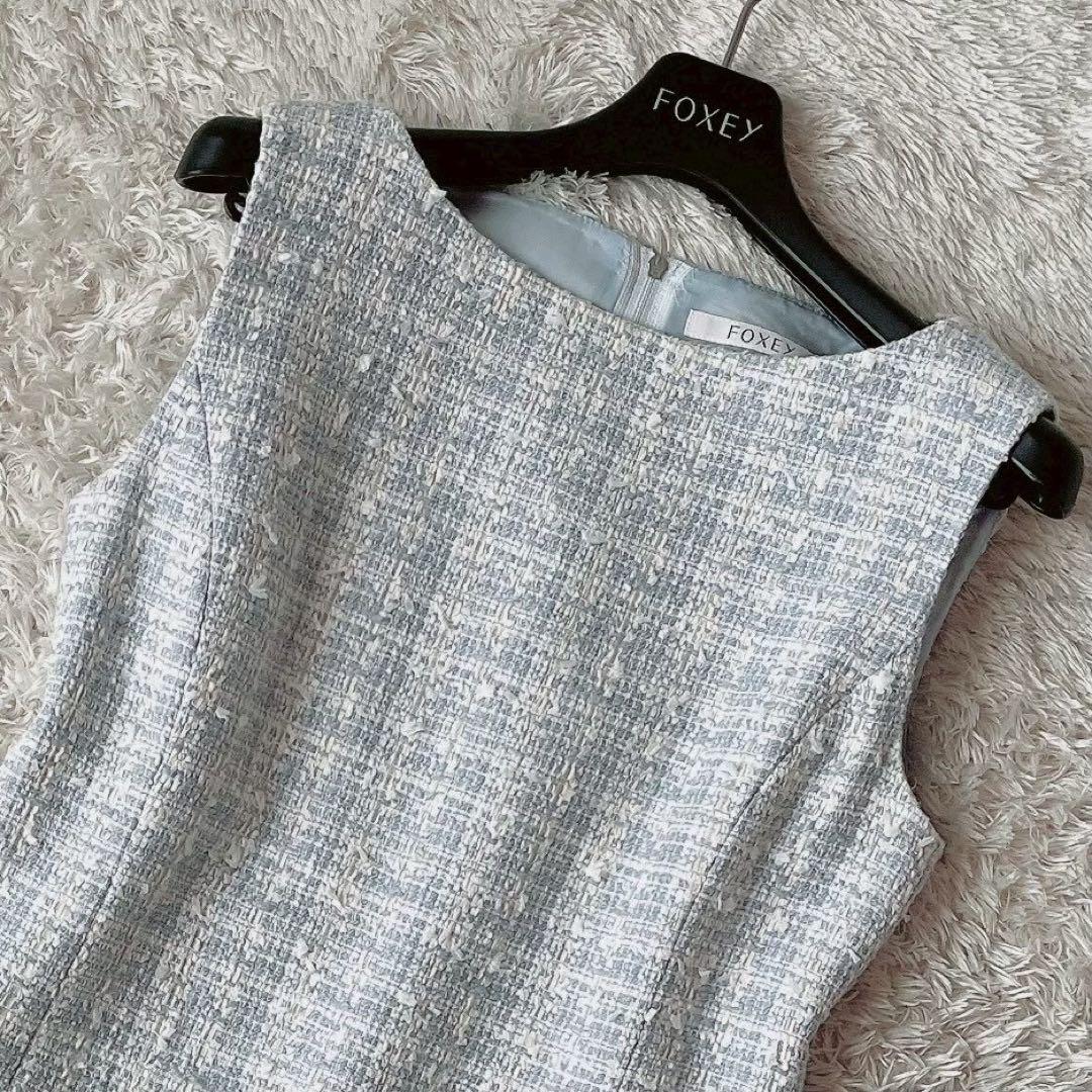 【美品】フォクシー ワンピースドレス ライトAライン水色系 コットンツイード