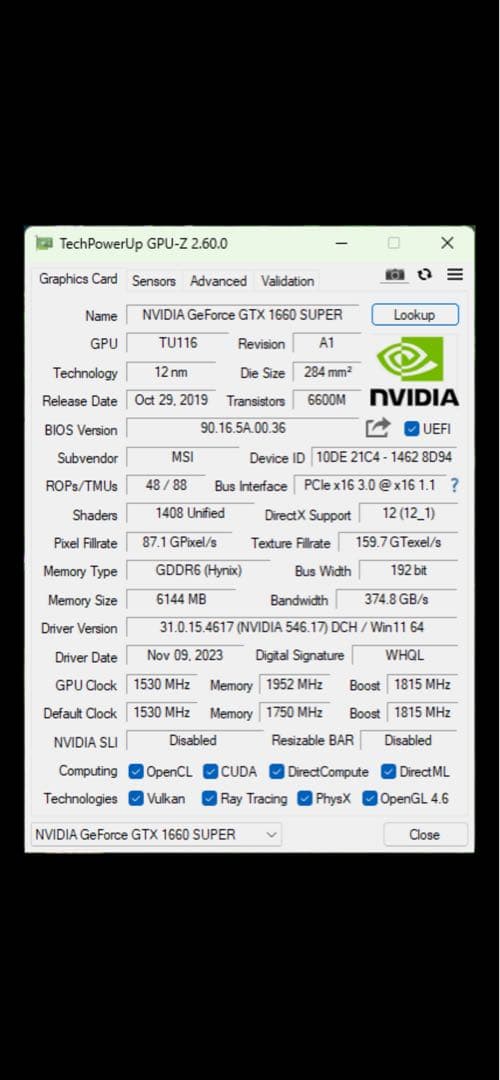 グラフィックボード・グラボ・ビデオカード MSI AERO gtx1660super