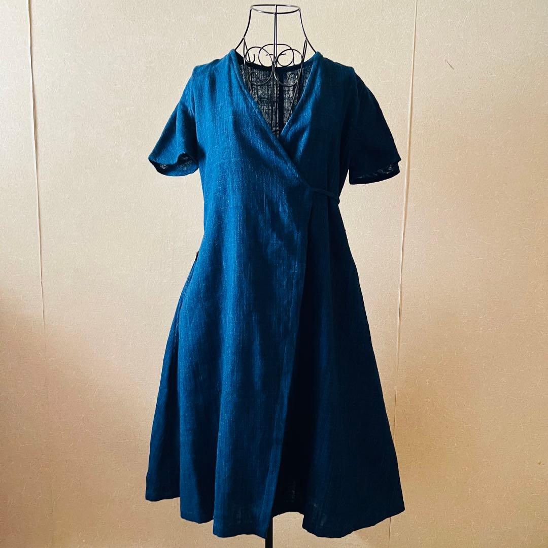 うさとの服 usaato ヘンプ コットン 藍 ラップワンピース フリーサイズ