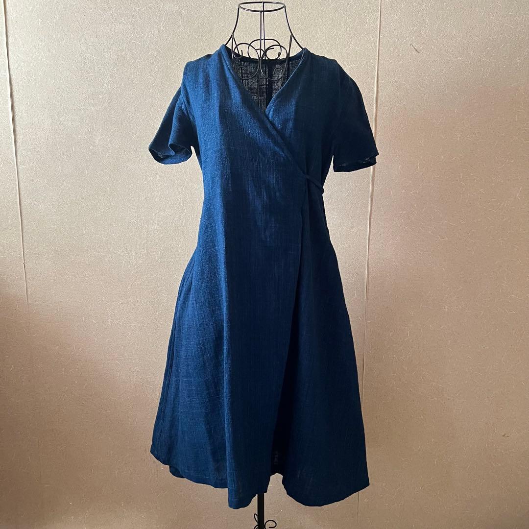 うさとの服 usaato ヘンプ コットン 藍 ラップワンピース フリーサイズ