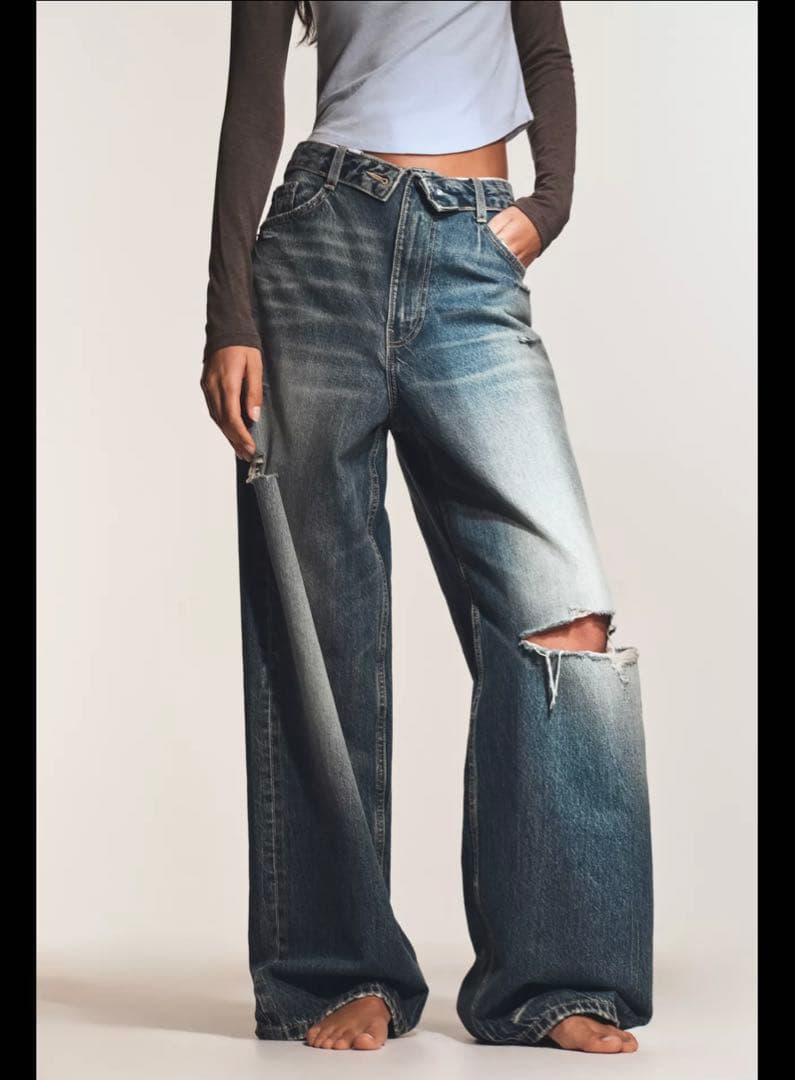 ザラ ZARA TRF折り返しウエストミッドライズデニムパンツ ダメージ 32