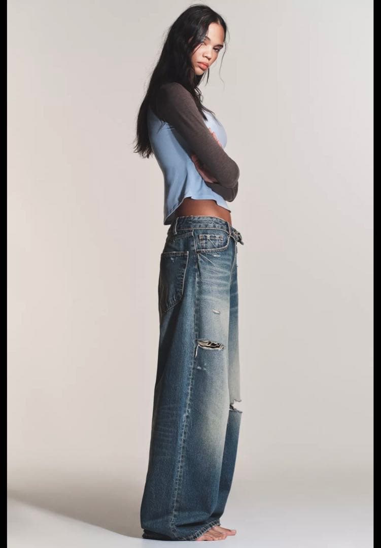 ザラ ZARA TRF折り返しウエストミッドライズデニムパンツ ダメージ 32