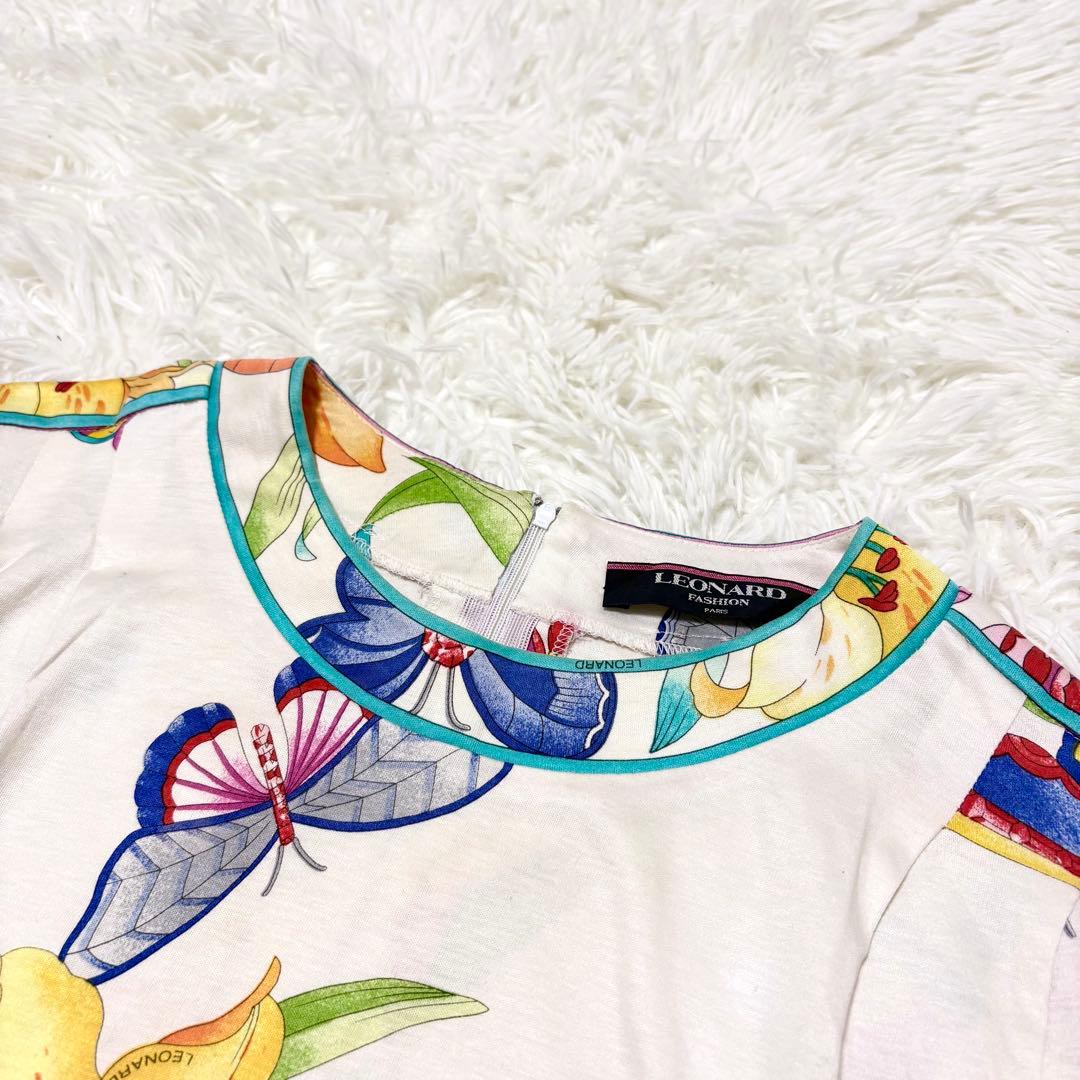 【LEONARD レオナール】花柄 フラワー 蝶 Tシャツ カットソー 半袖 M