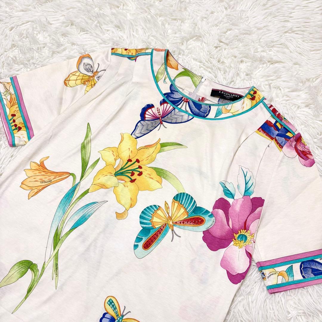 【LEONARD レオナール】花柄 フラワー 蝶 Tシャツ カットソー 半袖 M