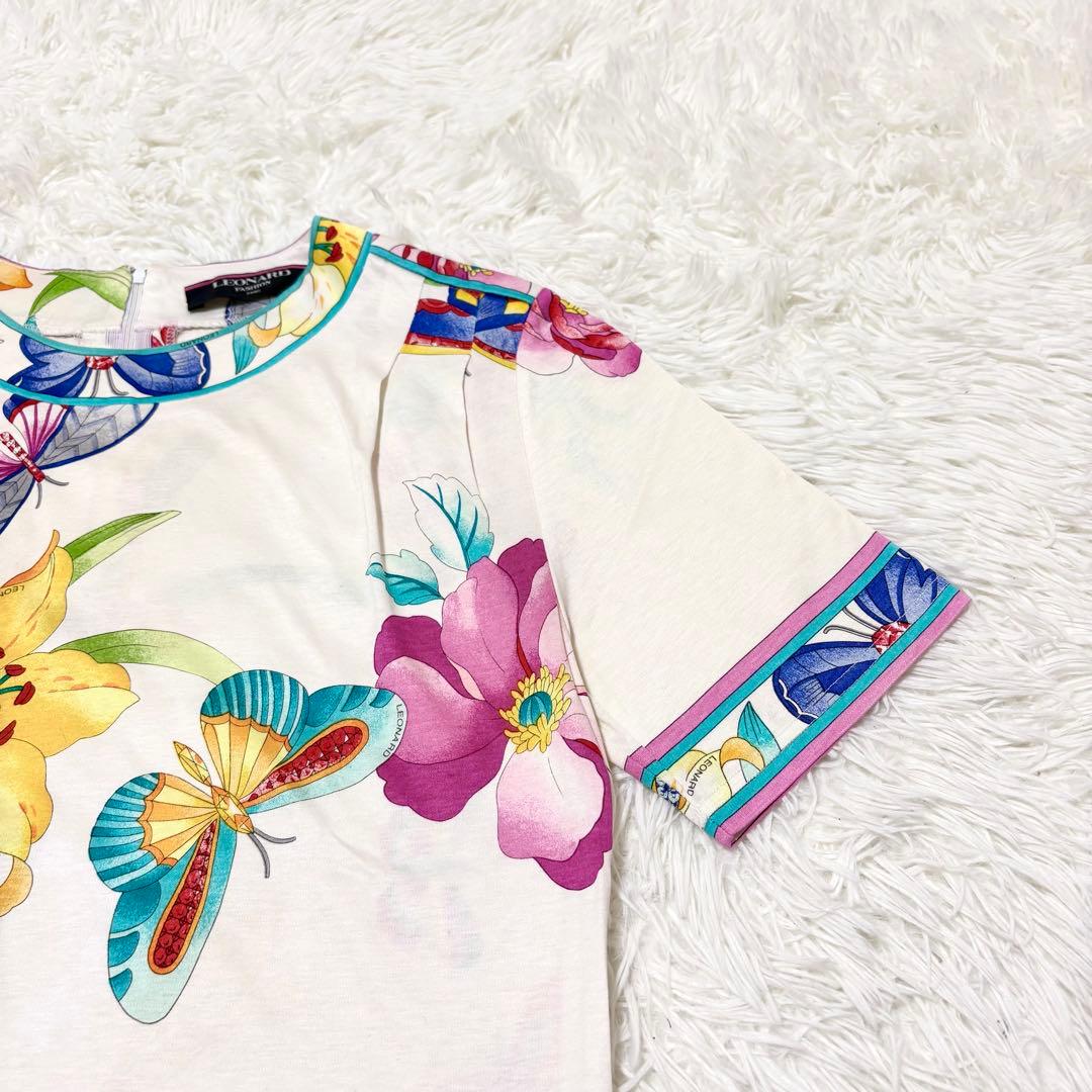 【LEONARD レオナール】花柄 フラワー 蝶 Tシャツ カットソー 半袖 M