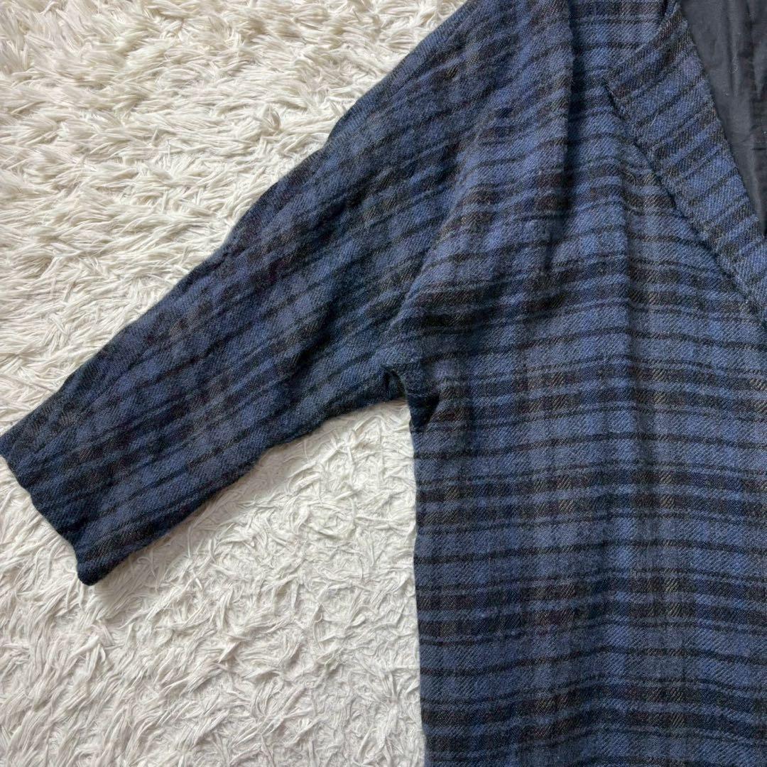 kagureかぐれ ウールリネンチェックコート ブルー