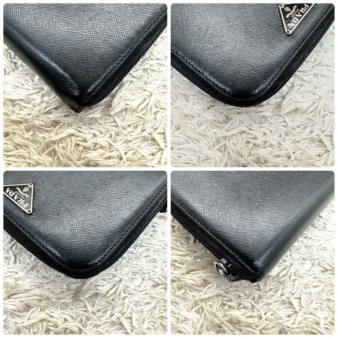 【美品】PRADA 二つ折り 三角プレート サフィアーノ レザー 黒 ブラック