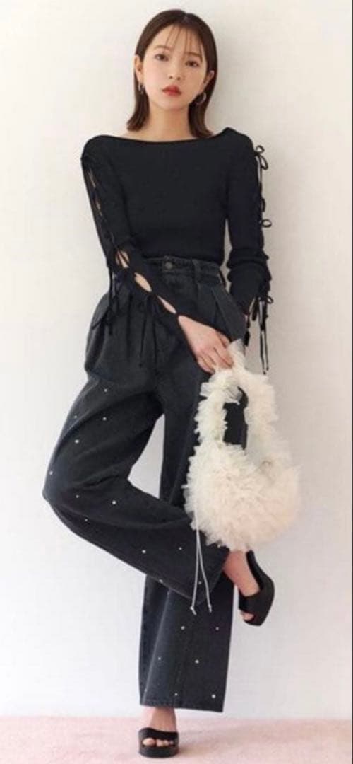 SNIDEL ラインストーンデニムパンツ　BLK 0サイズ