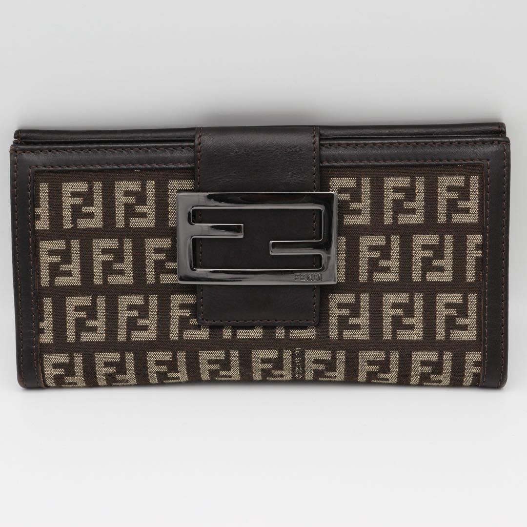 Fendi FFズッキーノバゲット長財布二つ折り財布 ブラウン ロゴプリント