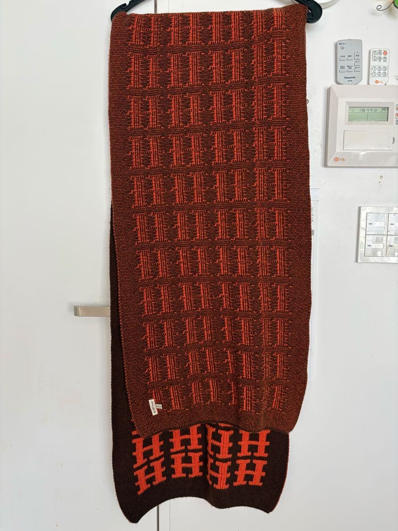 HERMES エルメス カシミヤ100% マフラー H柄 180cm 茶×橙
