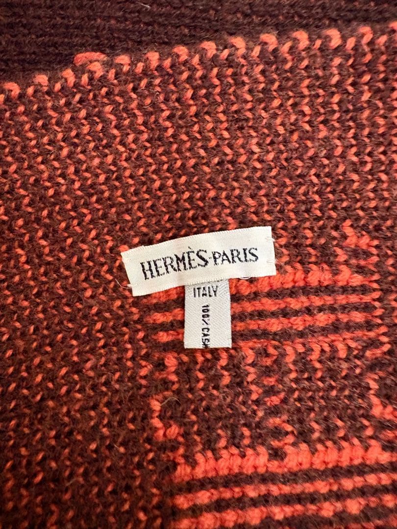 HERMES エルメス カシミヤ100% マフラー H柄 180cm 茶×橙
