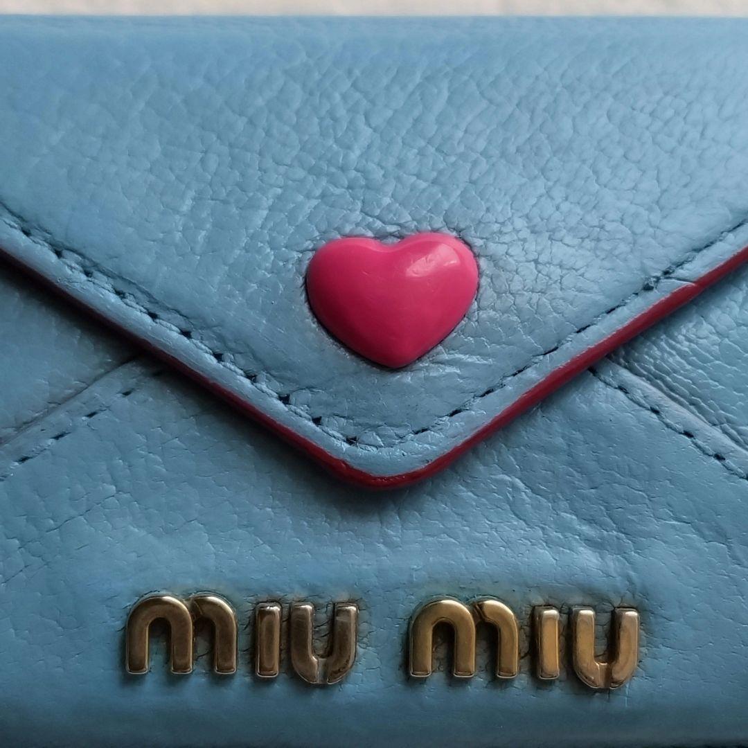 MIUMIU 希少 ミニ財布 レター マドラスラブハート 水色 ピンク 三つ折り