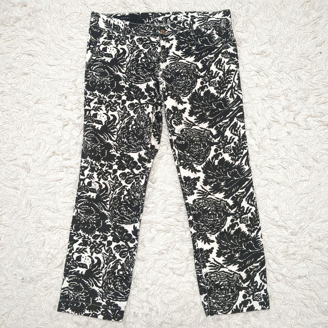 【美品】GUCCI　花柄　総柄　革パッチ　コットンパンツ　40サイズ