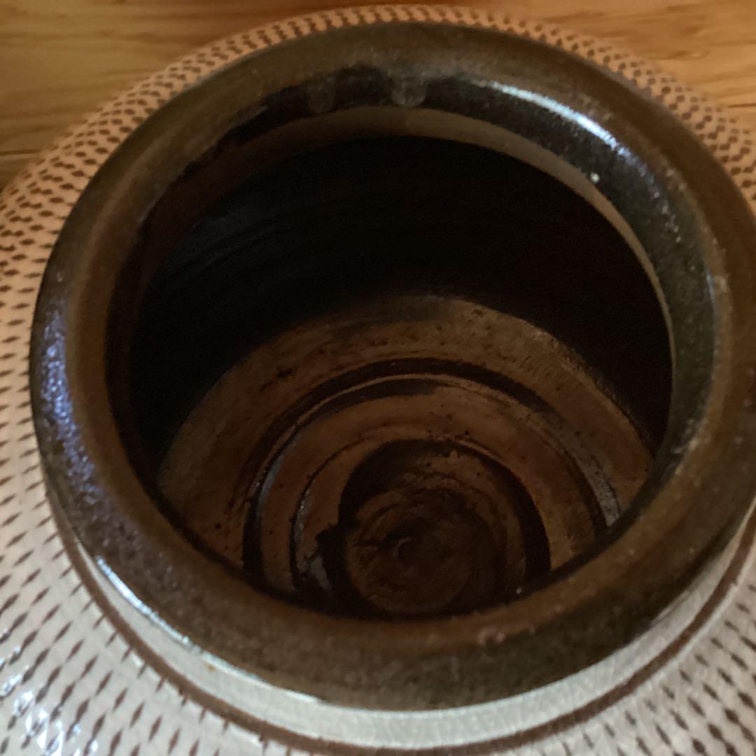青緑色と茶色の陶器の壺小石原焼値下げ最終