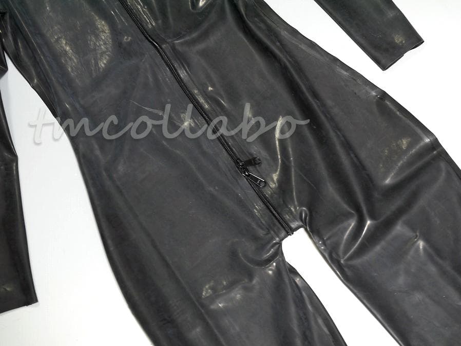 ラテックス製フロントジッパー式全身スーツ男性用（手足開口）★黒M★キャットスーツ