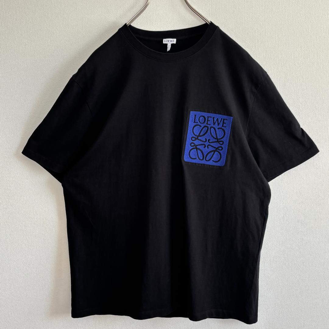 【超人気・美品】ロエベ/Tシャツ/青アナグラム刺繍/フェイクポケット/黒/XL