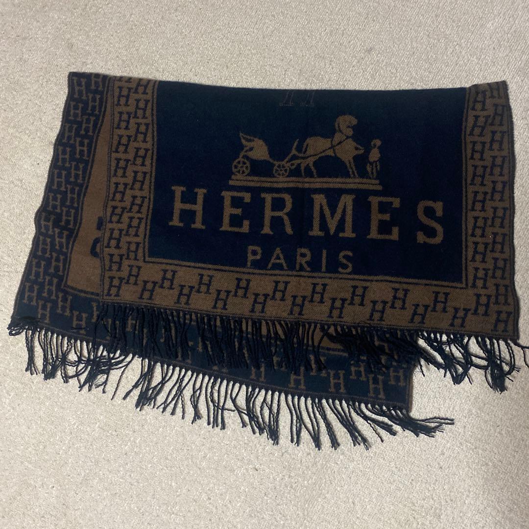 HERMES ロゴ入りマフラー ネイビー/ブラウン (大きい)